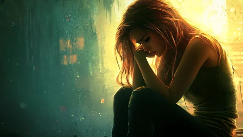 Melancholic woman in golden backlight against teal void.