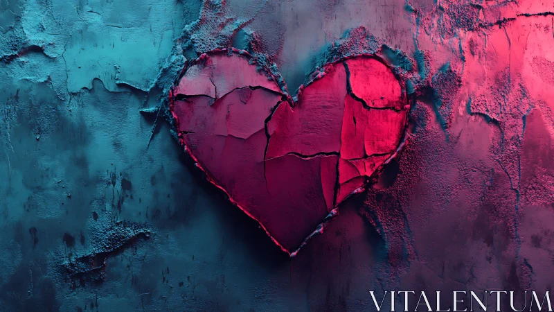 Fractured Heart Against Cracked Dual-Tone Wall.