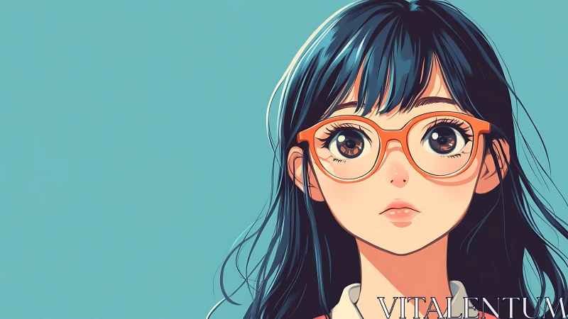 Anime portrait of girl with glasses against teal minimalist background