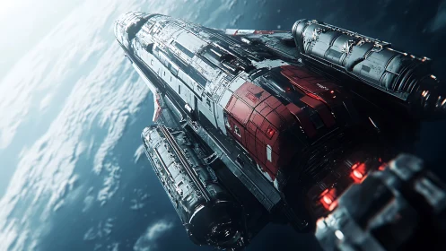 Massive starship glides above Earth in cinematic orbit.