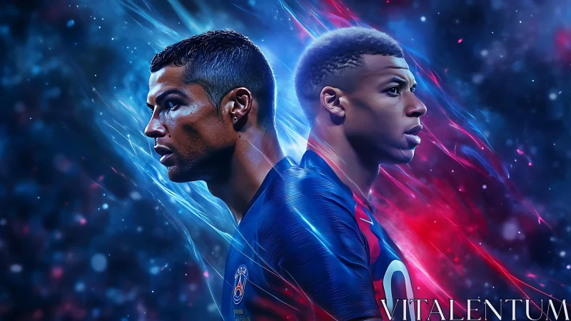 Dual football portraits in neon blue and red energy field.