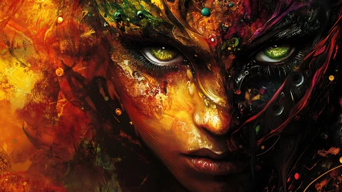 Intense abstract portrait of a fiery cosmic face.