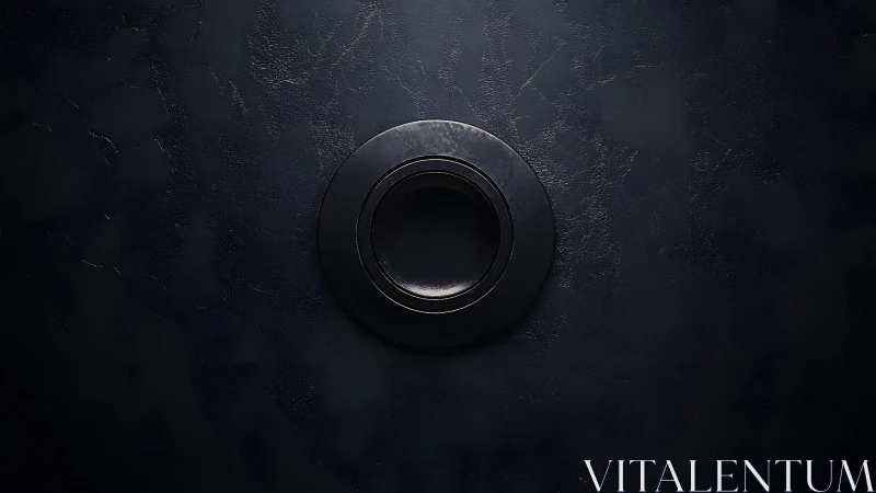 Minimalist dark circular object on textured black background.