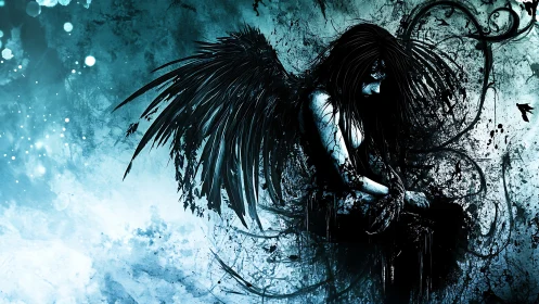 Winged female figure sits in profile amid ink-like splatter