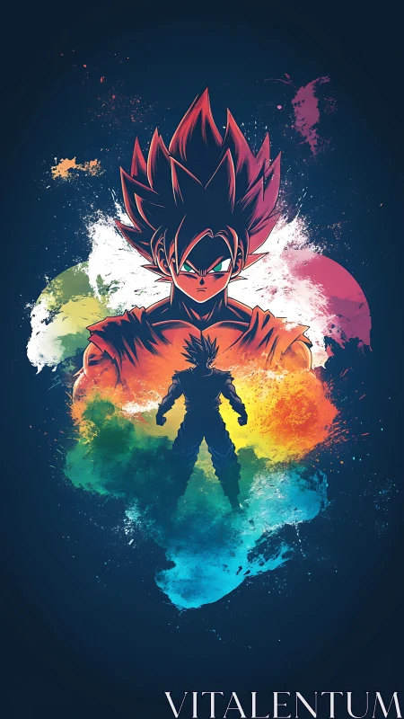 Fiery anime warrior emerges from vivid cosmic splashes