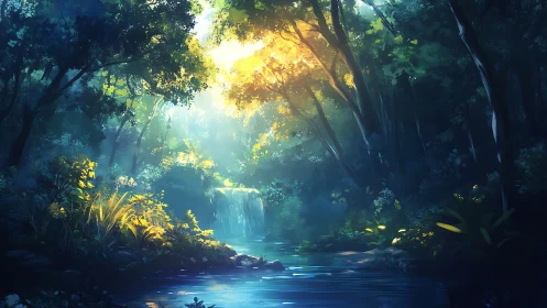 Forest Stream Waterfall with Canopy Lighting.