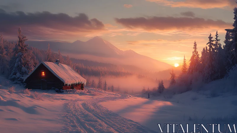 Snow cabin under pastel sunrise over misty pine valley.