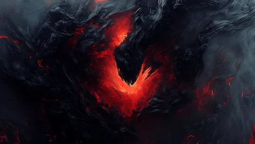 Dark abstract vortex with molten red central core form.