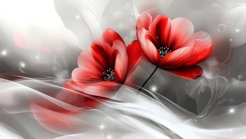 Red Poppies Against Monochrome: Digital Floral Design.