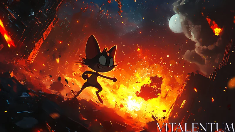 Cartoon cat strides through fiery city blast at night