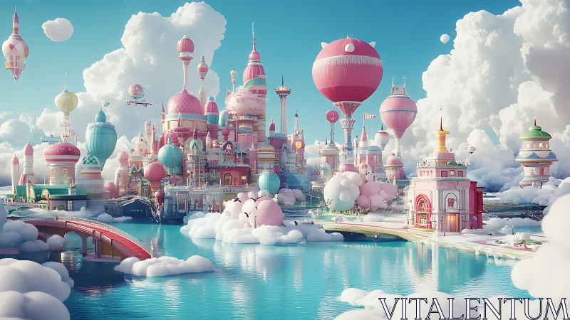 Floating pastel city with balloons rises over reflective water