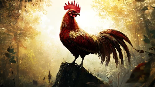 Crimson rooster perched atop moss-covered stone in luminous woodland.