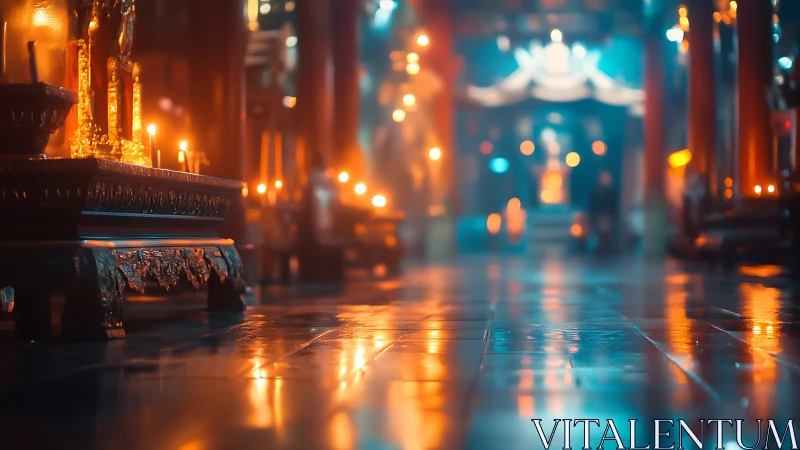 Gilded temple altar glows over slick reflective floor