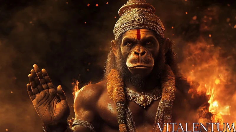 Fire-crowned simian guardian raises a calm, sacred hand.