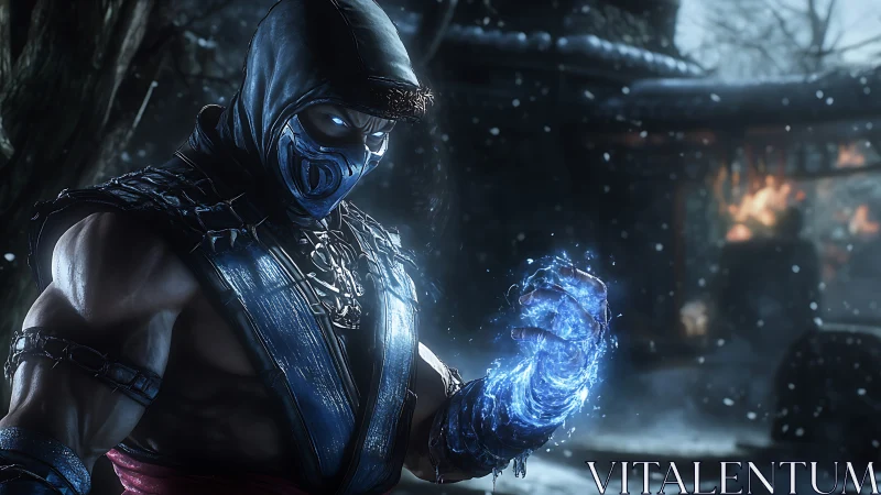 Frozen warrior channels icy power in a stormy battleground.