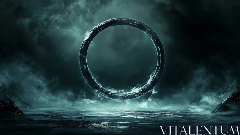 Ancient luminous ring hovers over storm-tossed dark sea.