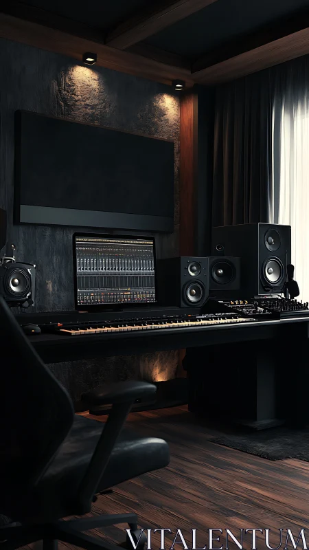 Moody producer’s studio where dark wood hums with sound.