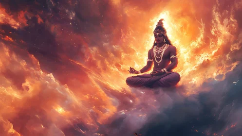 Meditating deity glows amid celestial firelit clouds.