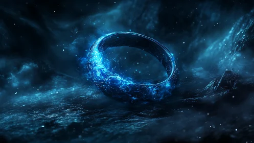 Glowing blue energy ring hovers in a dark cosmic storm