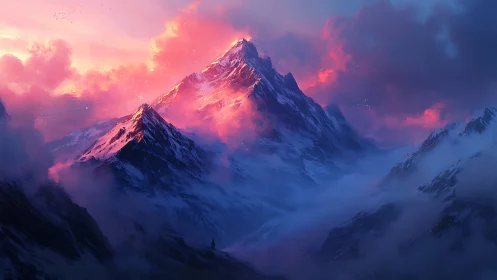 Snow-covered mountain range under pink and blue sky.