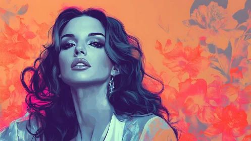 Neon muse rises amid blazing florals and electric dusk tones.