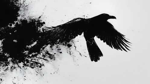 Ink-splattered raven silhouette dissolves into dynamic abstract field