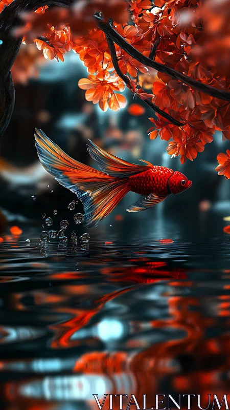 Bright koi leaps through glowing water under fiery leaves