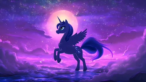 Winged unicorn silhouetted against glowing moon sky.