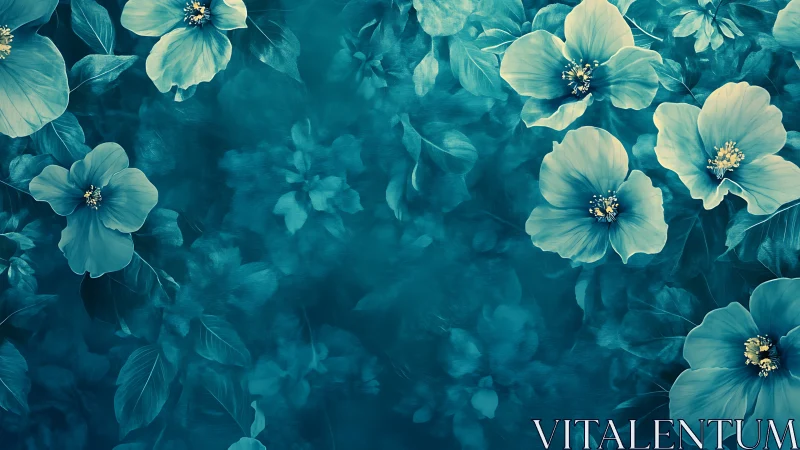 Teal botanical composition with luminous petals and soft depth blur