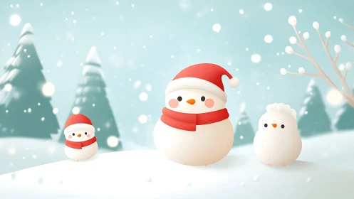 Snowy trio in red scarves plotting cozy winter cheer.