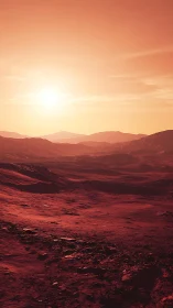 Scarlet alien dunes bask under a blazing copper sunlit sky.