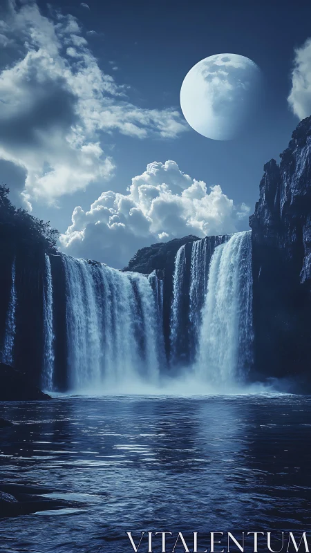Nocturnal cascades below oversized moonlit skyscape.