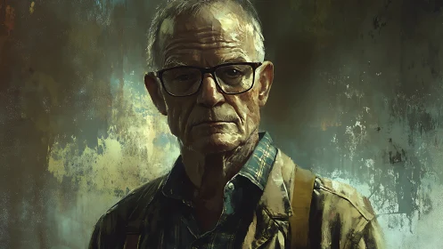 Older male subject stands against textured painted backdrop