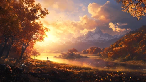 Autumn river valley at sunset beneath distant snowy peaks.