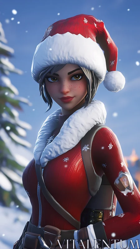 Digital winter character in red outfit and Santa hat.