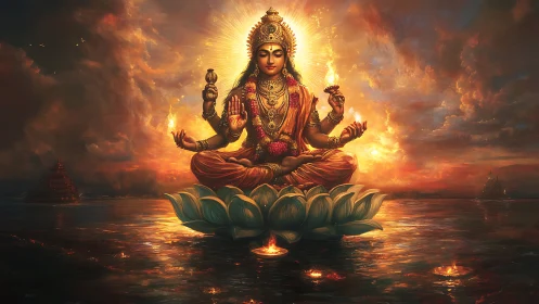 Radiant goddess in golden light seated on a lotus bloom.