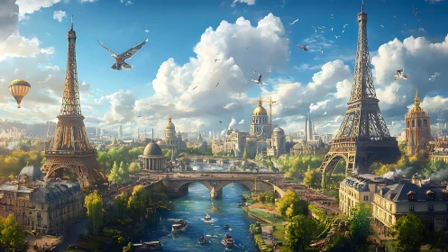 Dreamy twin Eiffel towers over a riverlit storybook city.