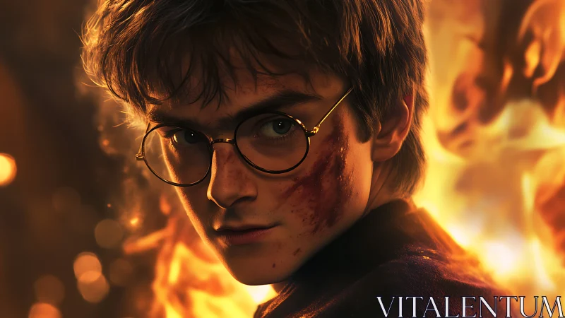 Young wizard boy with glasses staring against fire glow.