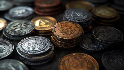 Stacked fantasy coins under raking light emphasize metallic relief