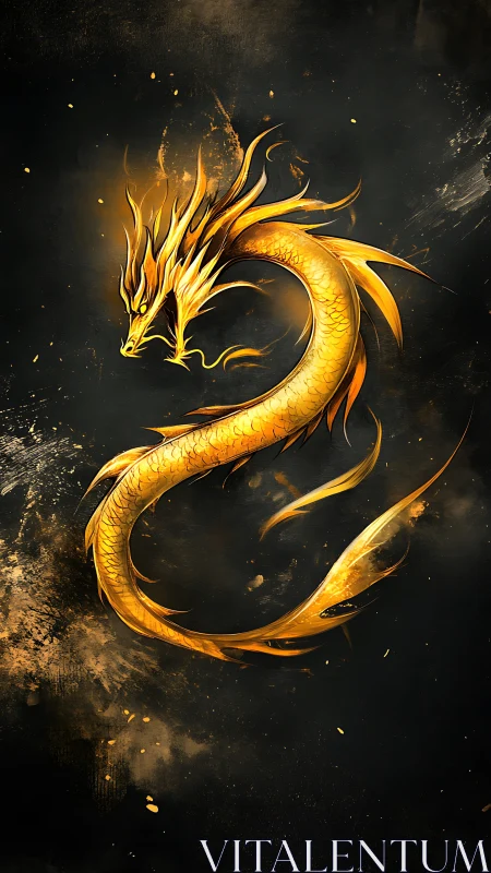 Golden dragon in swirling embers against deep night sky.