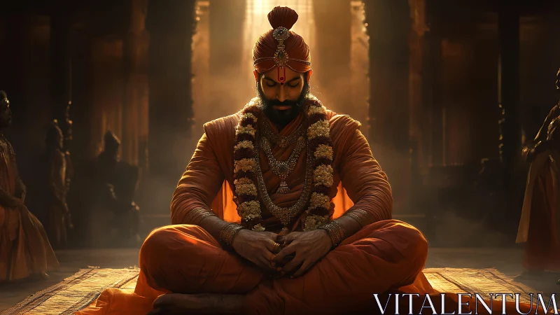 Meditating spiritual leader sits in golden temple light