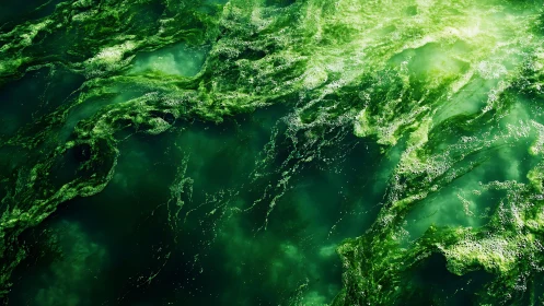 Vivid Green Algae Bloom on Water Surface, Abstract Nature Texture.