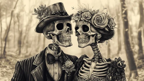 Eternal skeleton couple shares a whimsical woodland moment