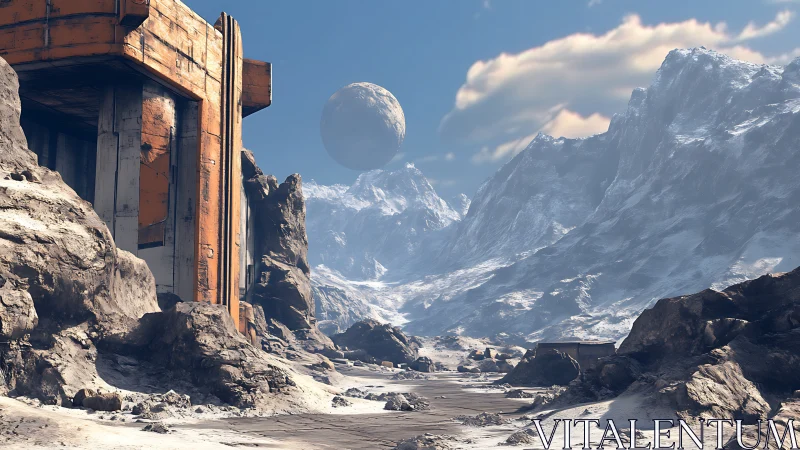 Rust-streaked outpost overlooks a frozen alien valley under twin skies