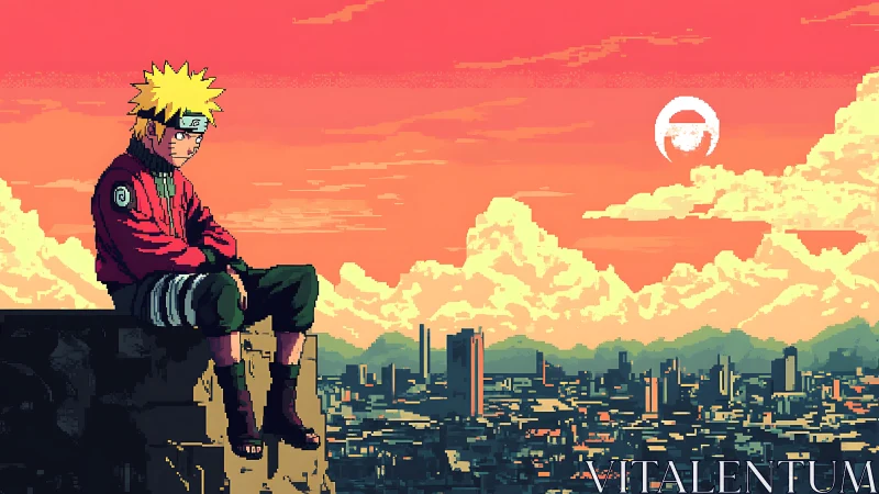 Lonely ninja overlooks neon city under burning sunset sky.