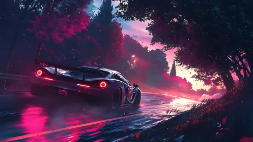 Neon-lit sports car surges through a glowing rainy forest road