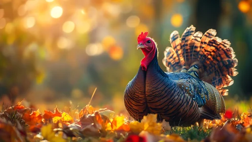 Wild Turkey Display Struts Through Autumn Foliage.
