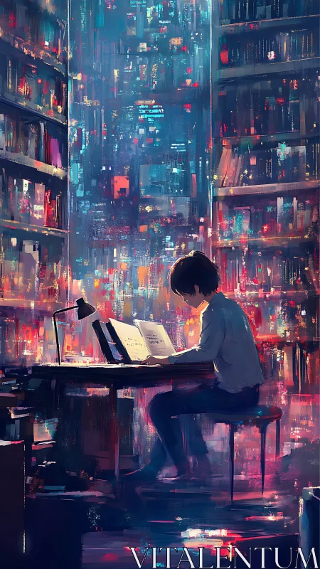 Solitary student reading in colorful digital library scene.