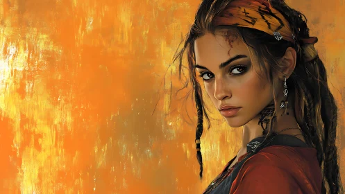 Fierce desert muse against a storm of molten gold.