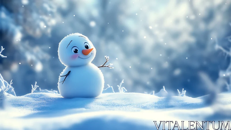 Cute cartoon snowman smiles in glowing winter snowfall.
